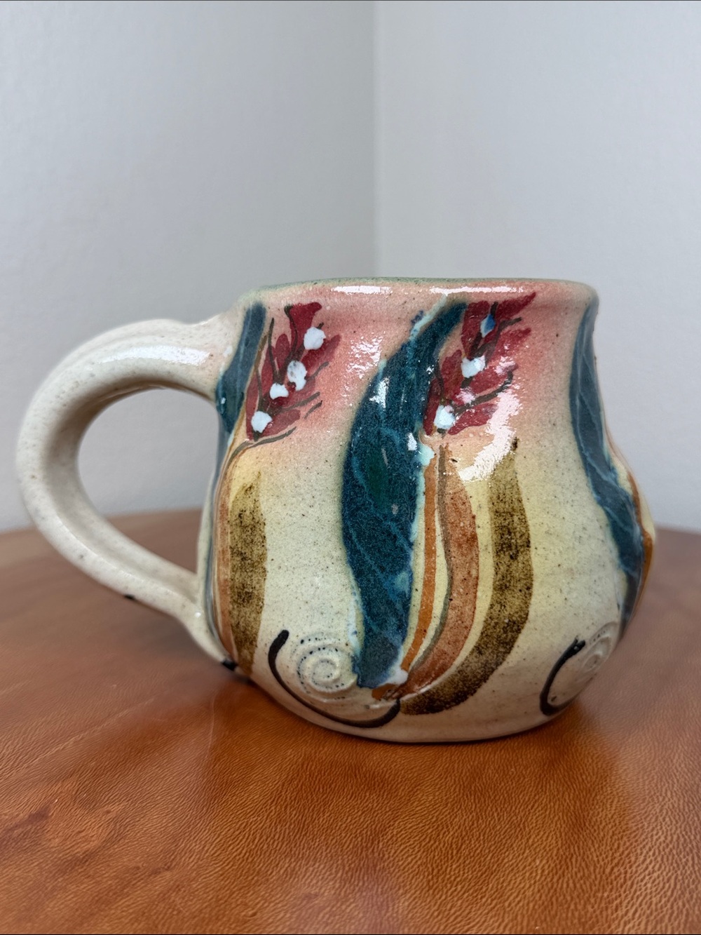Art Pottery Hand Thrown Stoneware Coffee Tea Cup Mug Cream Green Blue Pink